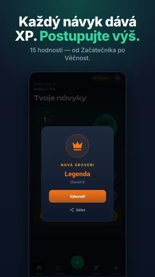 Nová úroveň: každý návyk dává XP, 15 hodností od Začátečníka po Věčnost