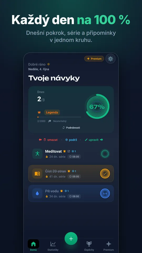 Hlavní obrazovka: denní kruh pokroku na 100 %, karty návyků, série a připomínky