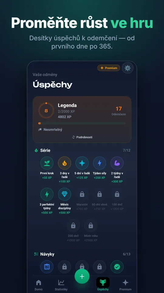 Úspěchy: úroveň, lišta XP a desítky úspěchů od prvního dne po 365