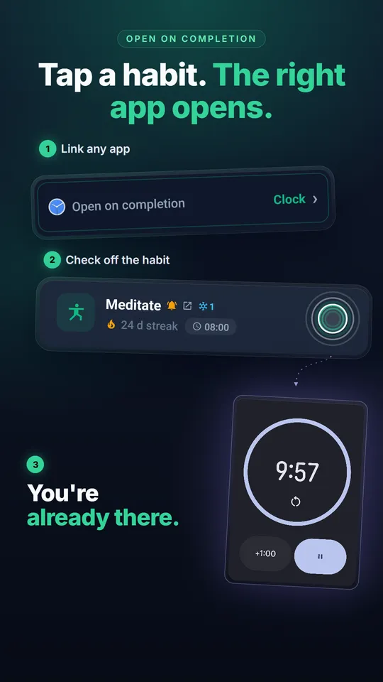 Linking a habit to an app: check the habit off and the linked app opens, here a clock timer for meditation