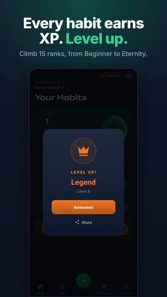 Level-up screen: every habit earns XP, 15 ranks from Beginner to Eternity