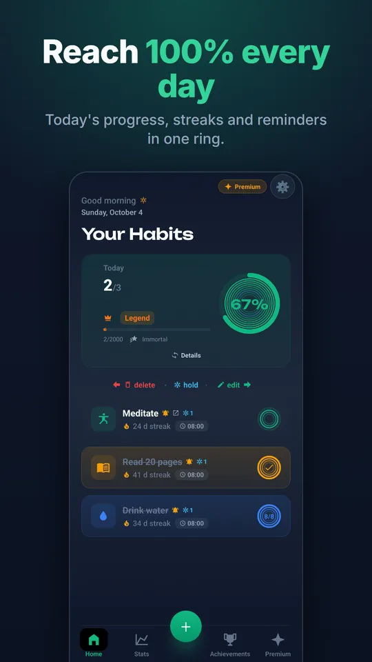 Home screen: daily progress ring at 100 percent, habit cards, streaks and reminders