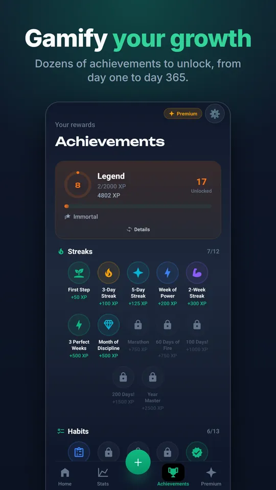 Achievements: level, XP bar and dozens of achievements from day one to day 365