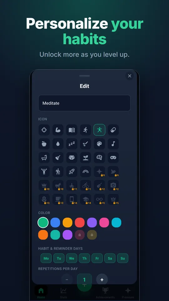 Habit editor: icons, colours and reminder days, with more options unlocked as you level up