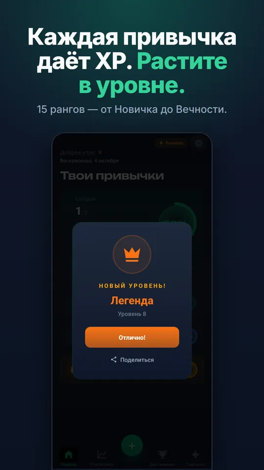 Новый уровень: каждая привычка даёт XP, 15 рангов от Новичка до Вечности