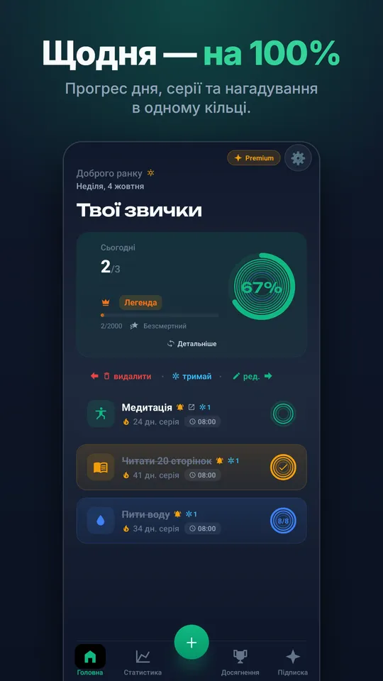 Головний екран: кільце прогресу дня на 100%, картки звичок, серії та нагадування
